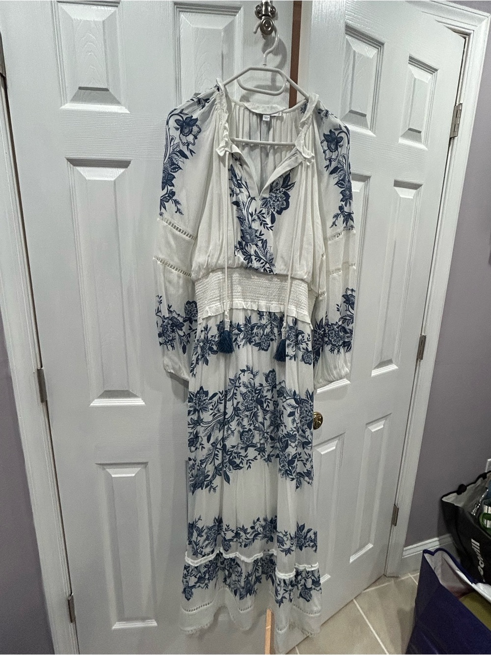 Chico's White Maxi Dress with Blue Floral Print